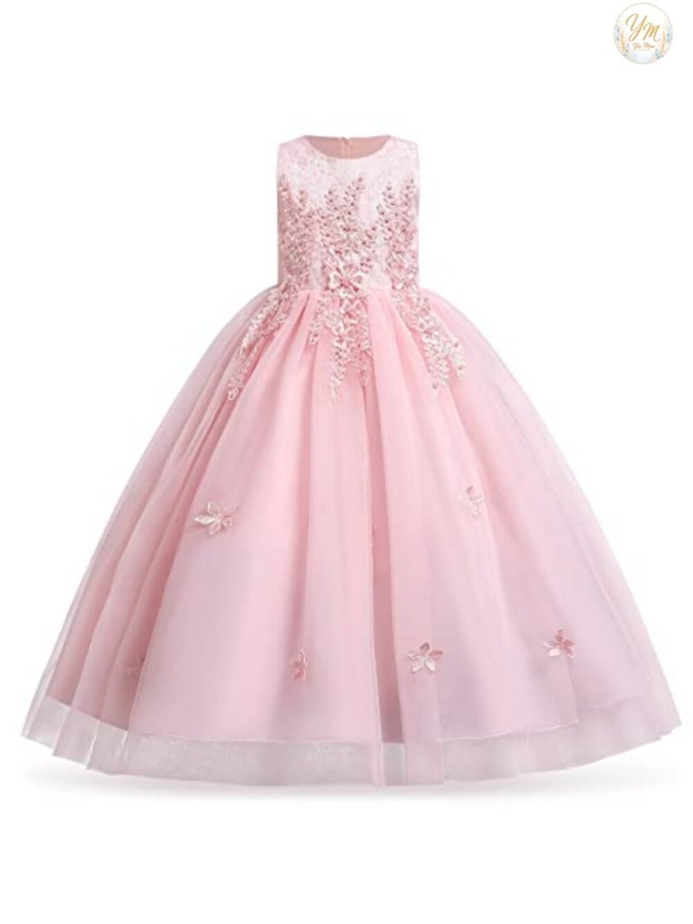 Girls Floral Lace Tulle Princess Gown Floor Length Pageant Dress